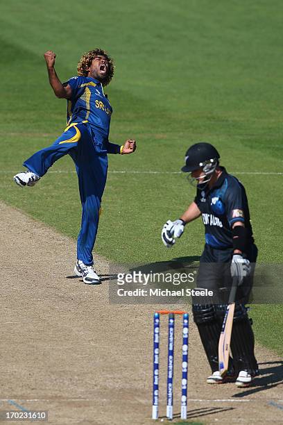 Lasith Malinga of Sri Lanka celebrates trapping Nathan McCullum of New Zealand lbw during the Group A ICC Champions Trophy match between Sri Lanka...