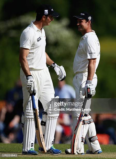 Michael Vaughan, captain of Michael Vaughan's England talks to Andrew Strauss during the Shane Warne's Australia vs Michael Vaughan's England T20...