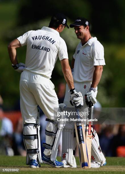 Michael Vaughan, captain of Michael Vaughan's England talks to Andrew Strauss during the Shane Warne's Australia vs Michael Vaughan's England T20...