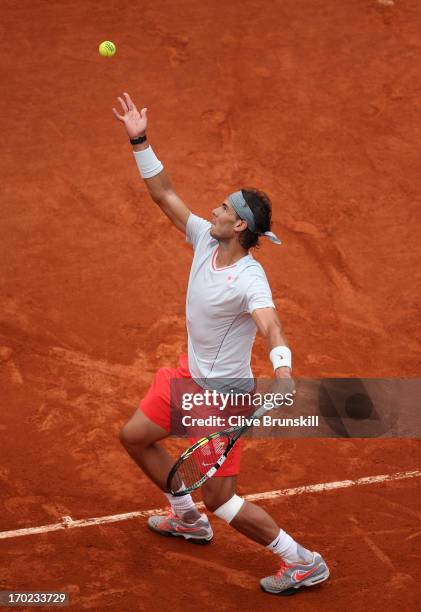 Rafael Nadal of Spain serves during the Men's Singles final match against David Ferrer of Spain on day fifteen of the French Open at Roland Garros on...