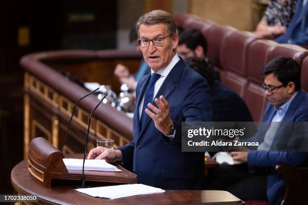 Alberto Nuñez Feijoo speaks during the investiture session on September 26, 2023 in Madrid, Spain. Alberto Nunez Feijoo, political leader of Spanish...