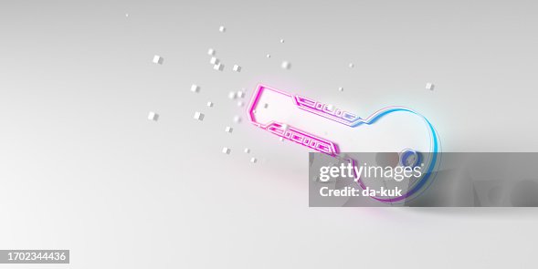 Digital key authentication and security. Modern technology background with futuristic key icon with neon lights. CGI 3D render. Digital key authentication and security. Modern technology background with futuristic key icon with neon lights. CGI 3D render.