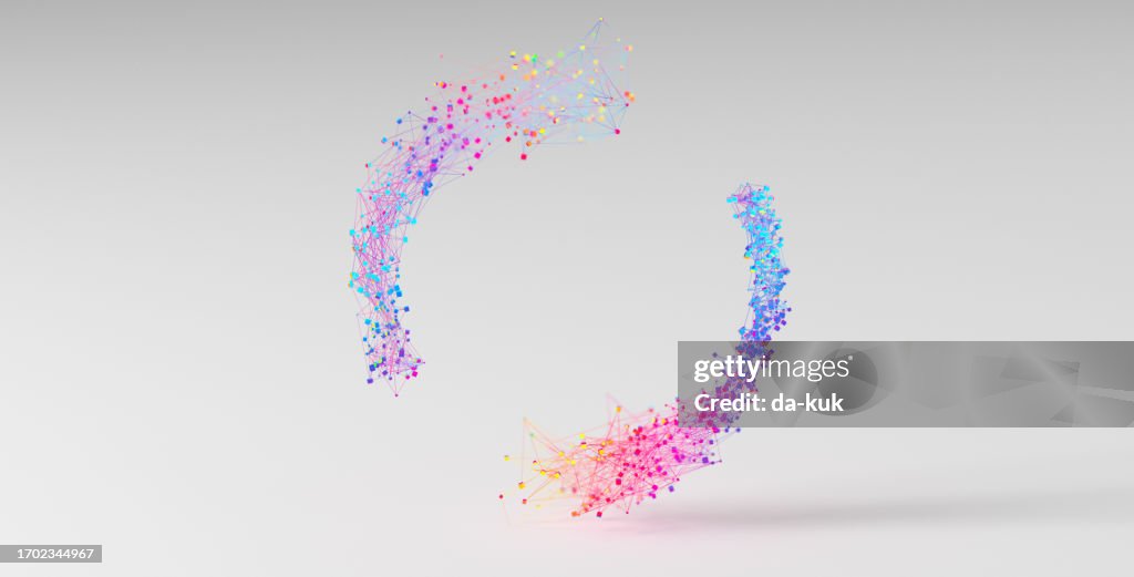 Mehrfarbige kreisförmige Gitterformation mit Platz für Text oder Branding auf hellgrauem Hintergrund. Technischer Hintergrund in 3D