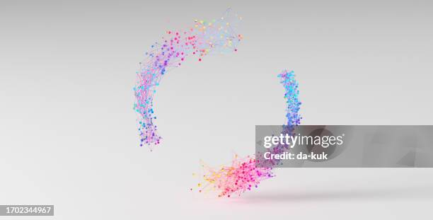 multi-coloured circular grid formation with space for text or branding on light grey background. 3d tech background - futuristisch stockfoto's en -beelden