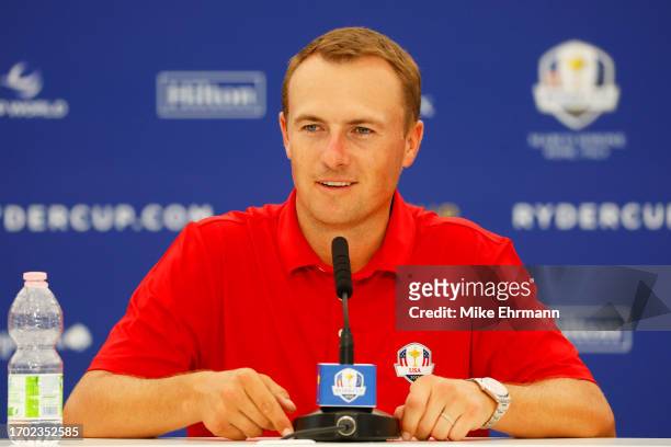 Jordan Spieth of Team United States talks in a press conference during a practice round prior to the 2023 Ryder Cup at Marco Simone Golf Club on...