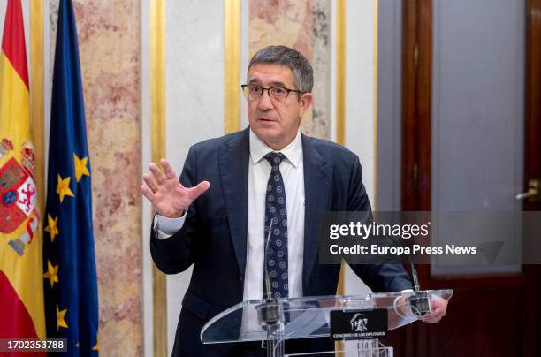 The PSOE spokesman in Congress, Patxi Lopez, gives a press conference after the first session of the investiture debate of the PP leader, in the...