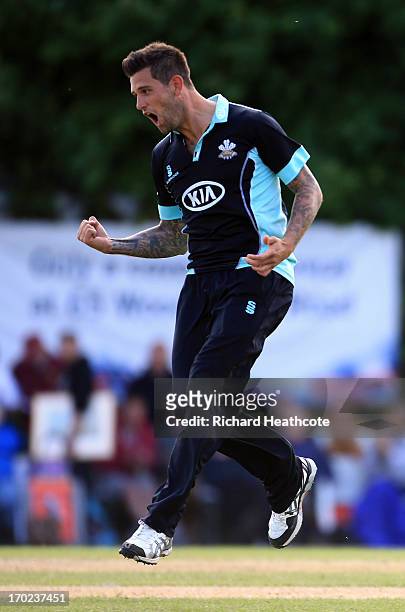 Jade Dernbach of Surrey celebrates taking the wicket of Steven Croft during the Yorkshire Bank 40 match between Surrey and Lancashire at Guildford...
