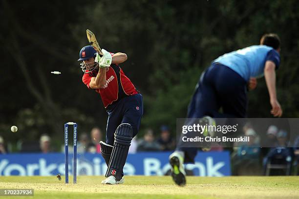 Sajid Mahmood of Essex is bowled by Mark Footitt of Derbyshire during the Yorkshire Bank 40 match between Derbyshire and Essex at Leek Cricket Club...