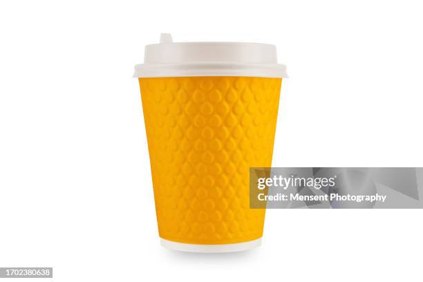 yellow disposable paper coffee cup mockup isolated on a white background - takeaway coffee stock pictures, royalty-free photos & images