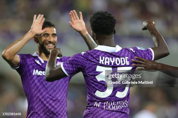 Michael Kayode and Nicolás Iván González of ACF Fiorentina celebrates after scoring a goal during the Serie A TIM match between ACF Fiorentina and...