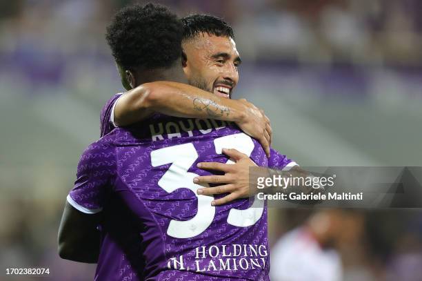Michael Kayode and Nicolás Iván González of ACF Fiorentina celebrates after scoring a goal during the Serie A TIM match between ACF Fiorentina and...