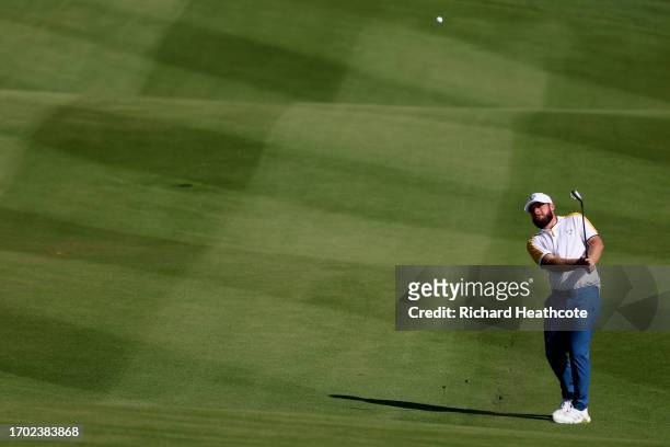 Tyrrell Hatton of Team Europe plays a shot on the 18th hole during a practice round prior to the 2023 Ryder Cup at Marco Simone Golf Club on...