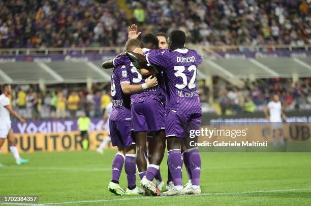 Michael Kayode of ACF Fiorentina celebrates after scoring a goal during the Serie A TIM match between ACF Fiorentina and Cagliari Calcio at Stadio...