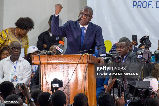 Democratic Republic of Congo's Nobel Peace Prize winner and gynaecologist Denis Mukwege addresses supporters in Kinshasa, on October 2, 2023. Dr...