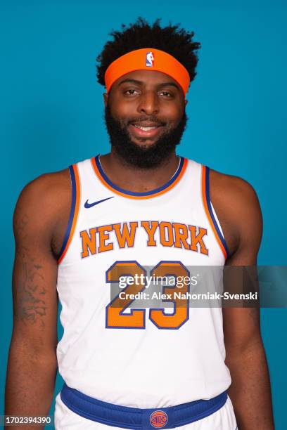 Mitchell Robinson of the New York Knicks poses for a head shot during 2023-24 NBA Media Day on October 2, 2023 at Madison Square Garden in New York...