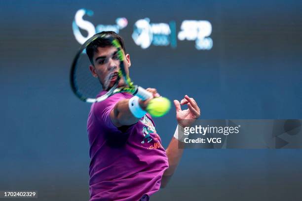 Carlos Alcaraz of Spain attends a training session on day one of 2023 China Open at the National Tennis Center on September 26, 2023 in Beijing,...