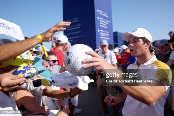 Viktor Hovland of Team Europe signs autographs during a practice round prior to the 2023 Ryder Cup at Marco Simone Golf Club on September 26, 2023 in...