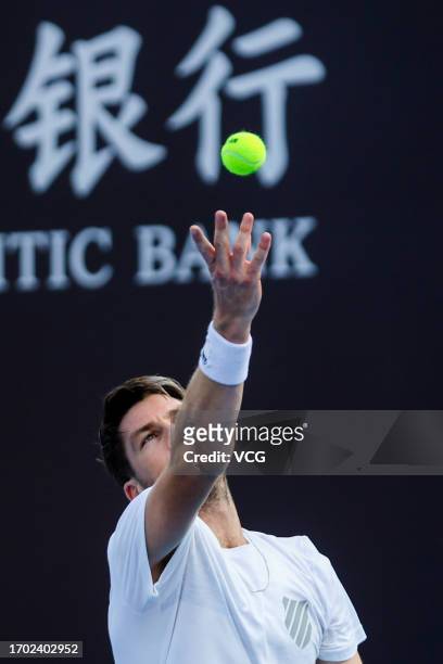 Cameron Norrie of Great Britain attends a training session on day one of 2023 China Open at the National Tennis Center on September 26, 2023 in...