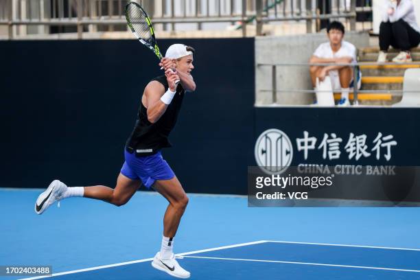 Holger Rune of Denmark attends a training session on day one of 2023 China Open at the National Tennis Center on September 26, 2023 in Beijing, China.