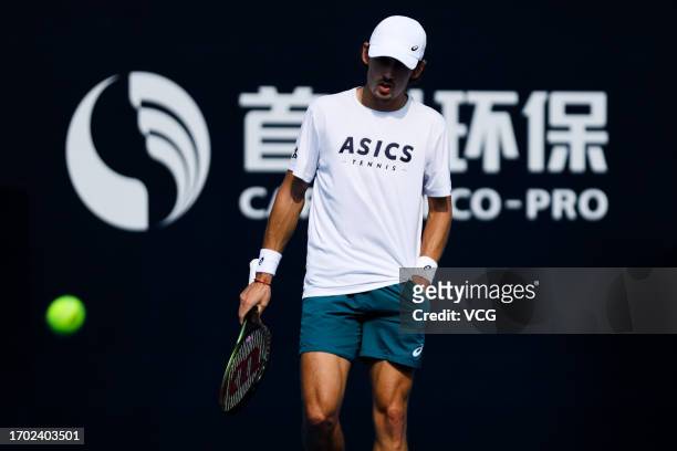 Alex de Minaur of Australia attends a training session on day one of 2023 China Open at the National Tennis Center on September 26, 2023 in Beijing,...
