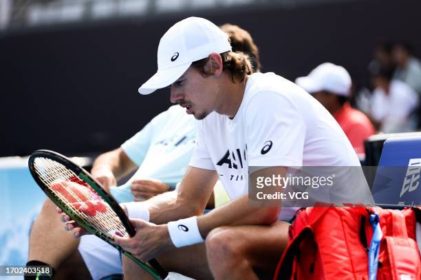 Alex de Minaur of Australia attends a training session on day one of 2023 China Open at the National Tennis Center on September 26, 2023 in Beijing,...