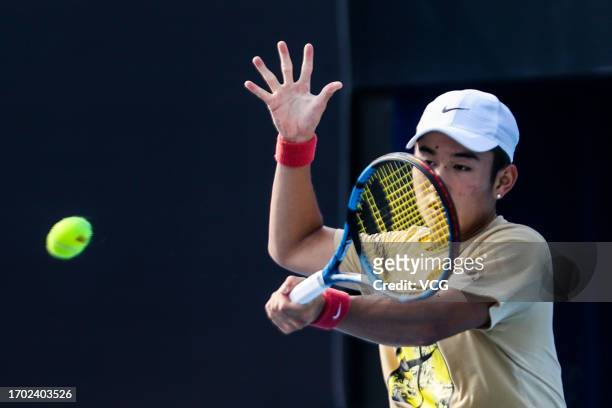 Shang Juncheng of China attends a training session on day one of 2023 China Open at the National Tennis Center on September 26, 2023 in Beijing,...