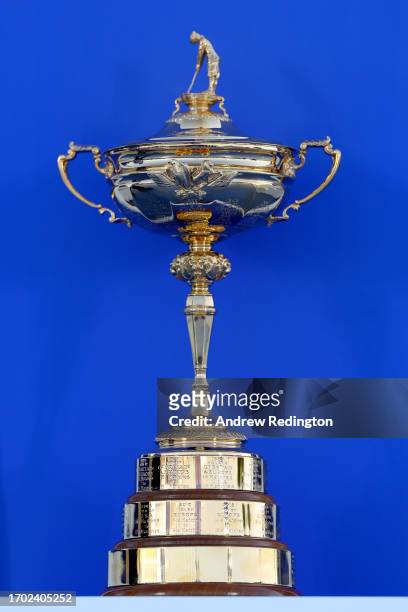Detail view of the Ryder Cup trophy during a practice round prior to the 2023 Ryder Cup at Marco Simone Golf Club on September 26, 2023 in Rome,...