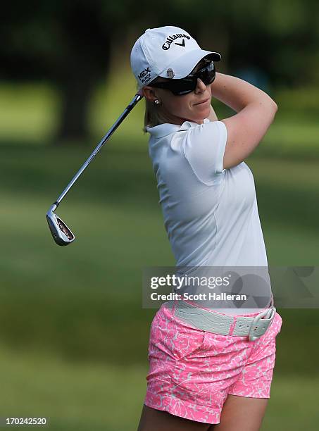 Morgan Pressel hits her tee shot on the seventh hole during the final round of the Wegmans LPGA Championship at Locust Hill Country Club on June 9,...