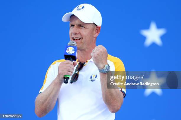 Luke Donald, Captain of Team Europe speaks on stage during the "Welcome to Rome" show prior to the 2023 Ryder Cup at Marco Simone Golf Club on...