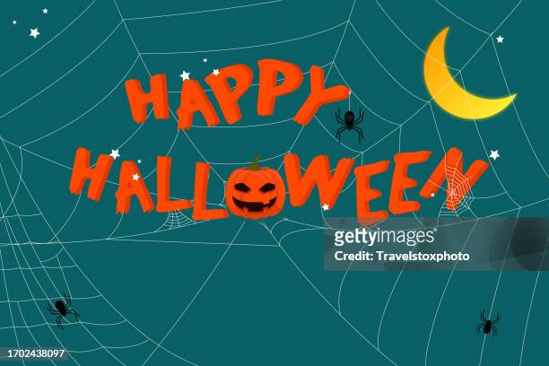 happy halloween playful illustration. spider web background. illustration with integrated text. spiders and pumpkin. artwork for invitation cards, greeting card, website banner, newsletter image. festive image. halloween pumpkin, backdrop. copy space. - halloween text stock pictures, royalty-free photos & images