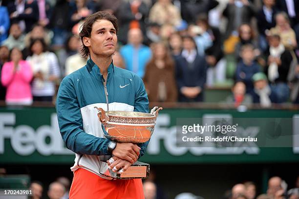 Winner of Rolland Garros 2013 Rafael Nadal with his Cup after the Final of Roland Garros Tennis French Open 2013 - Day 15 on on June 9, 2013 in...