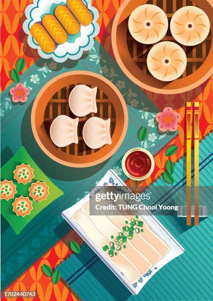 ilustraciones, imágenes clip art, dibujos animados e iconos de stock de comida asiática. comida china. dim sum chino y postre en vector. - comida china