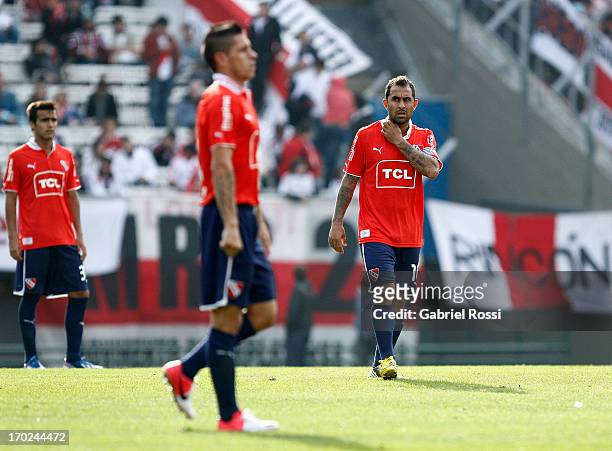 Daniel Montenegro of Independiente laments after a match between River Plate and Independiente as part of the Torneo Final 2013 at the Monumental...