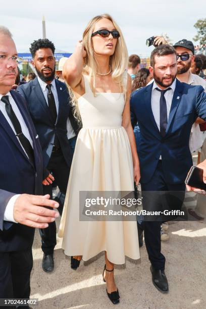 Romee Strijd is seen arriving for The Dior Fashion Show at Paris Fashion Week on September 26, 2023 in Paris, France.