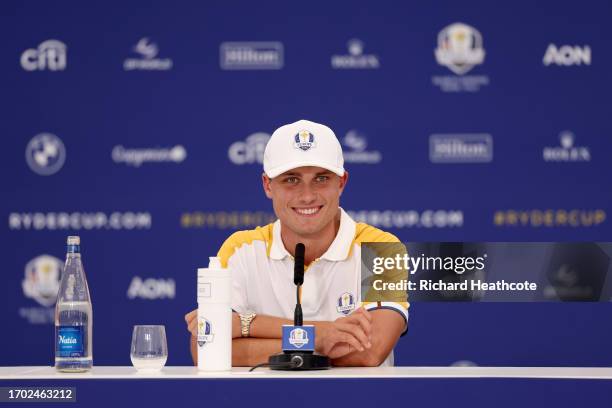Ludvig Aberg of Team Europe speaks in a press conference during a practice round prior to the 2023 Ryder Cup at Marco Simone Golf Club on September...