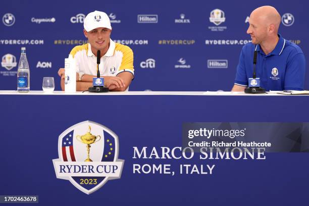 Ludvig Aberg of Team Europe speaks in a press conference during a practice round prior to the 2023 Ryder Cup at Marco Simone Golf Club on September...