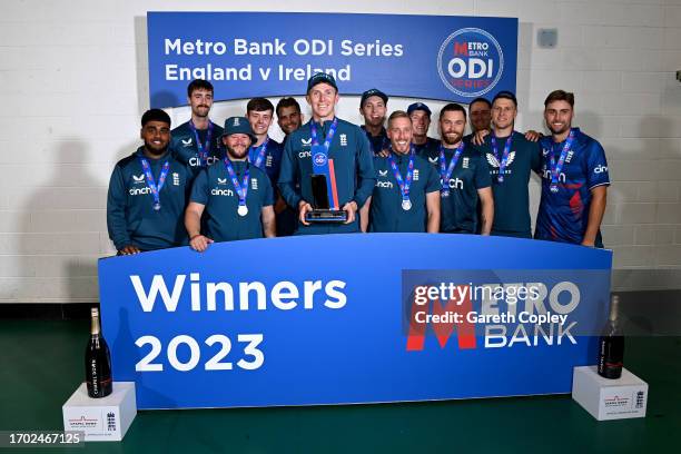 England lift the Metro Bank series trophy after the 3rd Metro Bank One Day International in abandoned at Seat Unique Stadium on September 26, 2023 in...