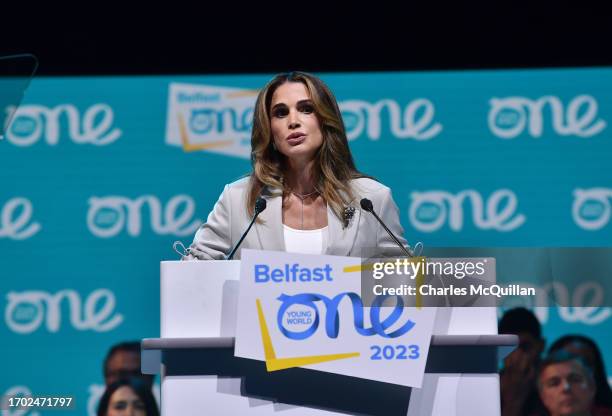 Her Majesty Queen Rania Al Abdullah of the Hashemite Kingdom of Jordan speaks during the One Young World opening ceremony on October 2, 2023 in...