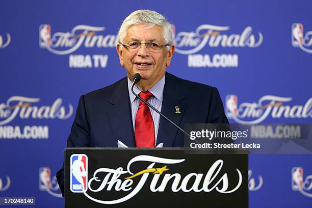 Commissioner David Stern addresses the media to announce that Chauncey Billups of the Los Angeles Clippers is the winner of the Twyman-Stokes...