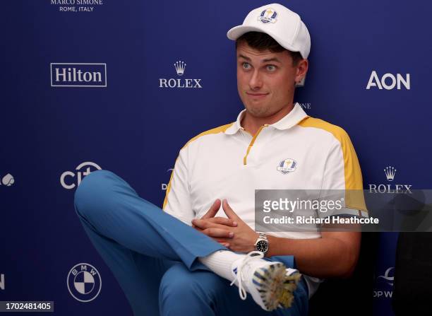 Ludvig Aberg of Team Europe reacts whilst waiting in the during a practice round prior to the 2023 Ryder Cup at Marco Simone Golf Club on September...