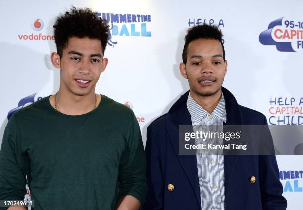 Jordan Stephens and Harley 'Sylvester' Alexander-Sule of Rizzle Kicks pose in the Media Room at the Capital Summertime Ball at Wembley Arena on June...