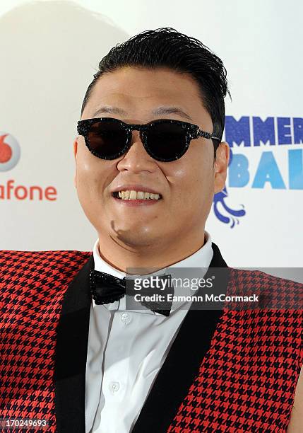 Psy poses in the Media Room at the Capital Summertime Ball at Wembley Arena on June 9, 2013 in London, England.