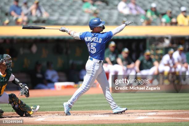 Whit Merrifield of the Toronto Blue Jays bats during the game against the Oakland Athletics at RingCentral Coliseum on September 6, 2023 in Oakland,...