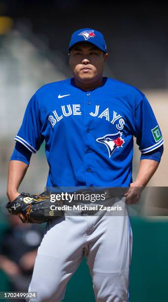 Hyun Jin Ryu of the Toronto Blue Jays during the game against the Oakland Athletics at RingCentral Coliseum on September 6, 2023 in Oakland,...