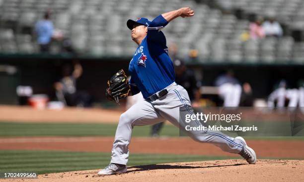 Hyun Jin Ryu of the Toronto Blue Jays pitches during the game against the Oakland Athletics at RingCentral Coliseum on September 6, 2023 in Oakland,...
