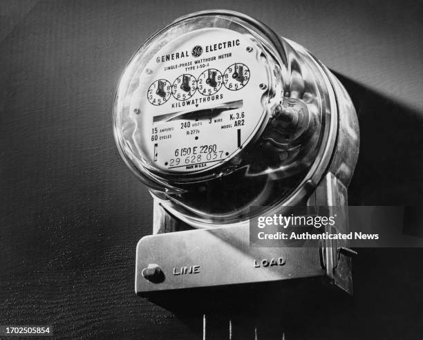 General Electric Type I-50-A Single Phase Watthour Meter, for measuring electrical usage, manufactured in Corning, New York, circa 1955. The meter...