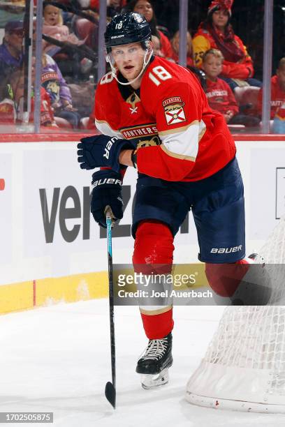 Steven Lorentz of the Florida Panthers circles behind the Nashville Predators net during first period action during a preseason game at the Amerant...