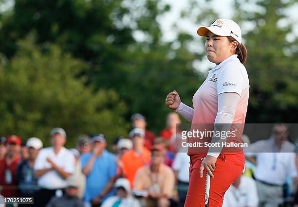 Inbee Park of South Korea celebrates after defeating Catriona Matthew on the third playoff hole during the final round of the Wegmans LPGA...