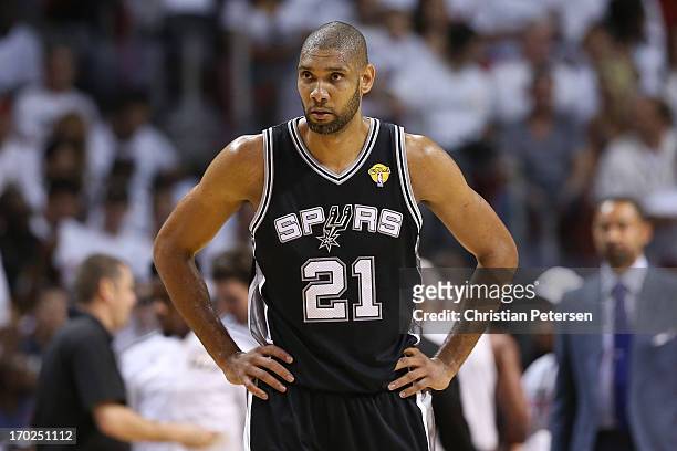 Tim Duncan of the San Antonio Spurs reacts in the first quarter while taking on the Miami Heat during Game Two of the 2013 NBA Finals at...