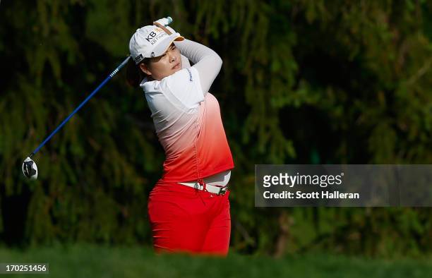 Inbee Park of South Korea hits her tee shot on the 16th hole during the final round of the Wegmans LPGA Championship at Locust Hill Country Club on...